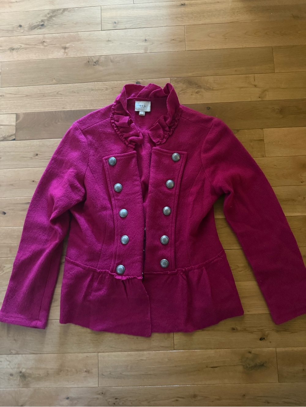 ECI Raspberry Ruffle-Collar Double-Breasted Blazer.  This is a great piece!!!